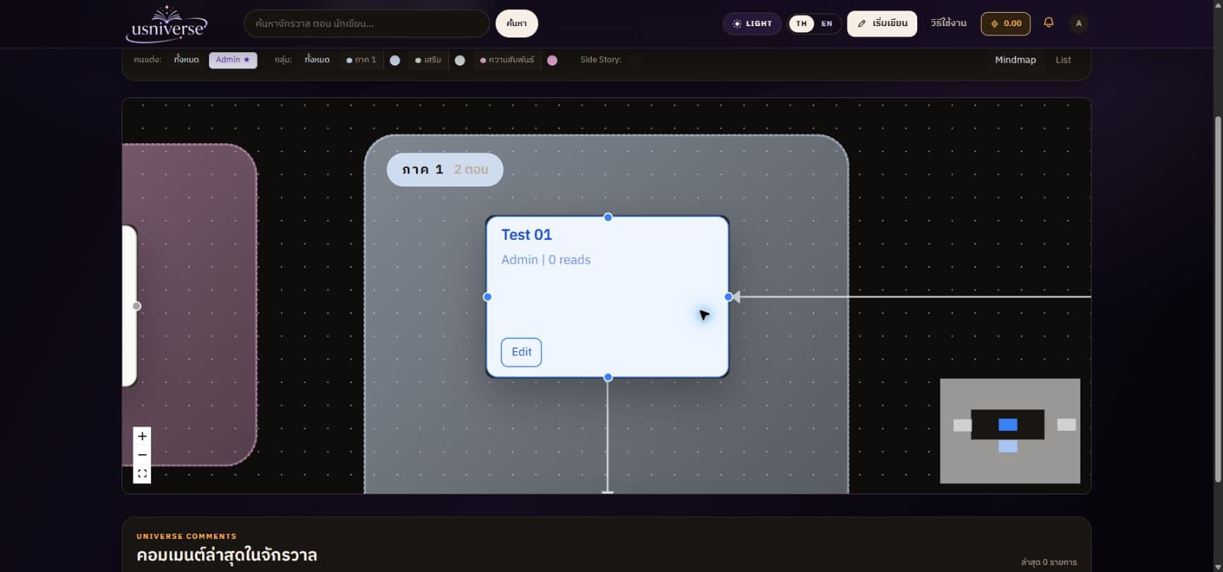 Mindmap ใน Dark mode แสดง Group Frame และตัวกรองกลุ่มจากบัญชี Admin